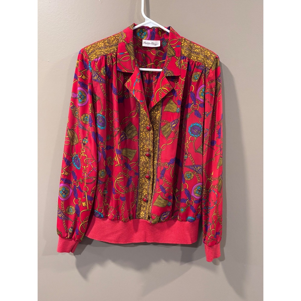 Vintage Philippe Marques Red Chain Tassel Print Blouse Knit Hem Size 10 USA Made